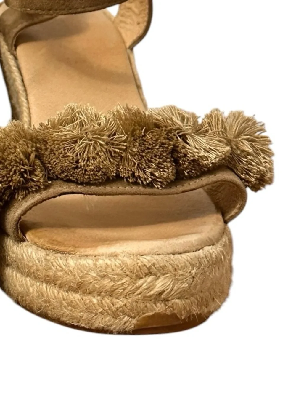 Saks Fifth Avenue Women’s Tan Suede Pom Pom Espadrille Wedges Resort Size 9
